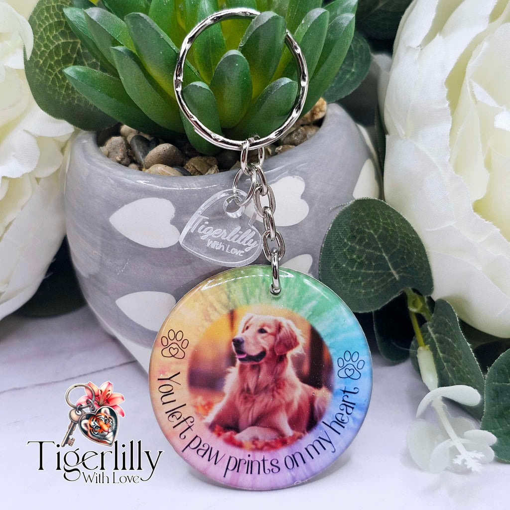 Personalised Pet Memorial Photo Keyring UK – “You Left Pawprints On My Heart” Dog Remembrance Gift