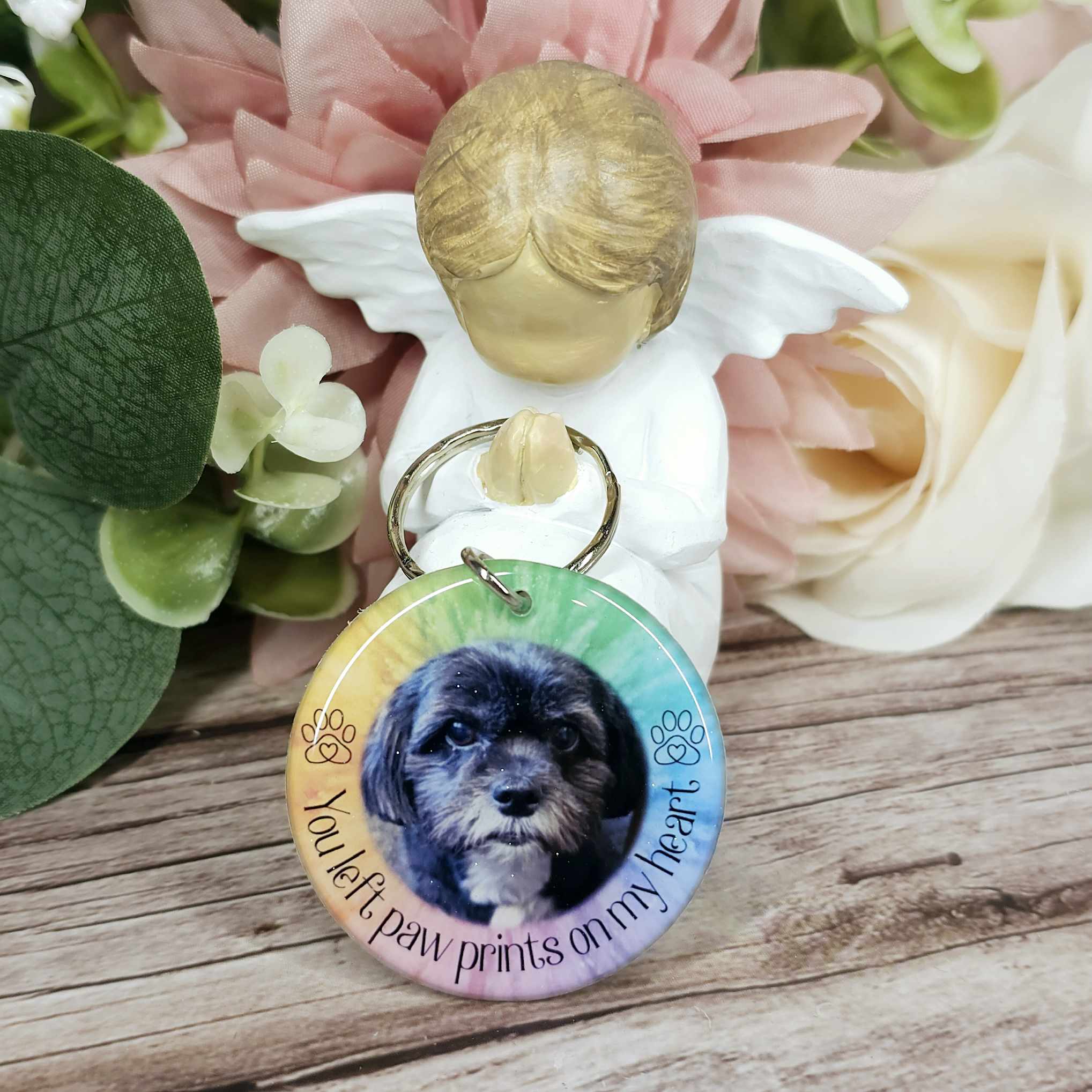 Personalised Pet Memorial Photo Keyring UK – “You Left Pawprints On My Heart” Dog Remembrance Gift