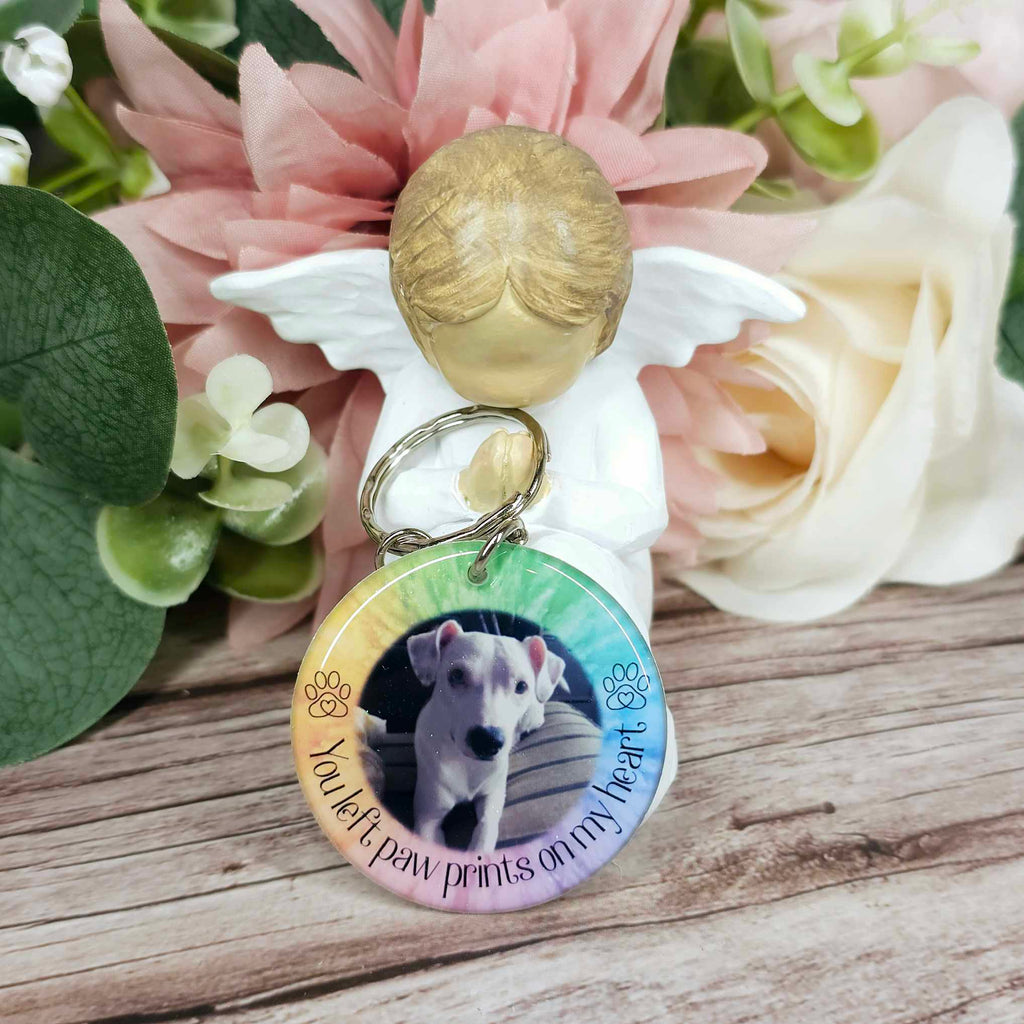Personalised Pet Memorial Photo Keyring UK – “You Left Pawprints On My Heart” Dog Remembrance Gift